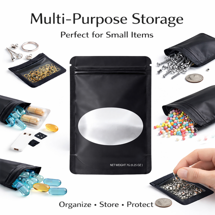 50 Pack – 7g Solid Color Mylar Bags with Oval Window - Black
