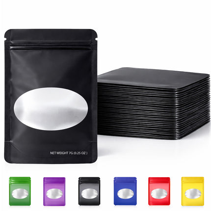 50 Pack – 7g Solid Color Mylar Bags with Oval Window - Black