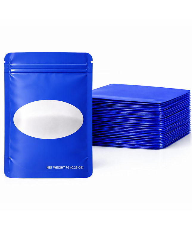 50 Pack – 7g Solid Color Mylar Bags with Oval Window - Royal Blue