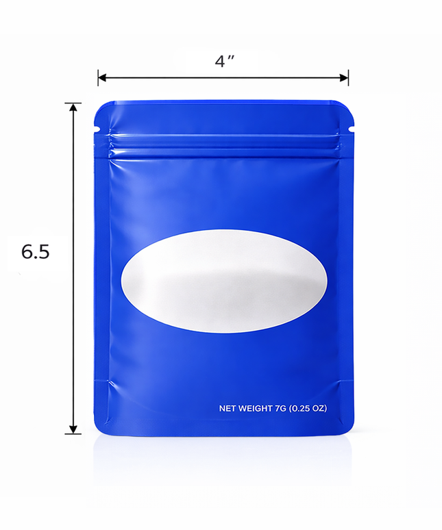 50 Pack – 7g Solid Color Mylar Bags with Oval Window - Royal Blue