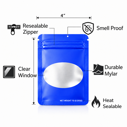 50 Pack – 7g Solid Color Mylar Bags with Oval Window - Royal Blue