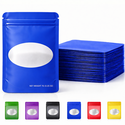50 Pack – 7g Solid Color Mylar Bags with Oval Window - Royal Blue