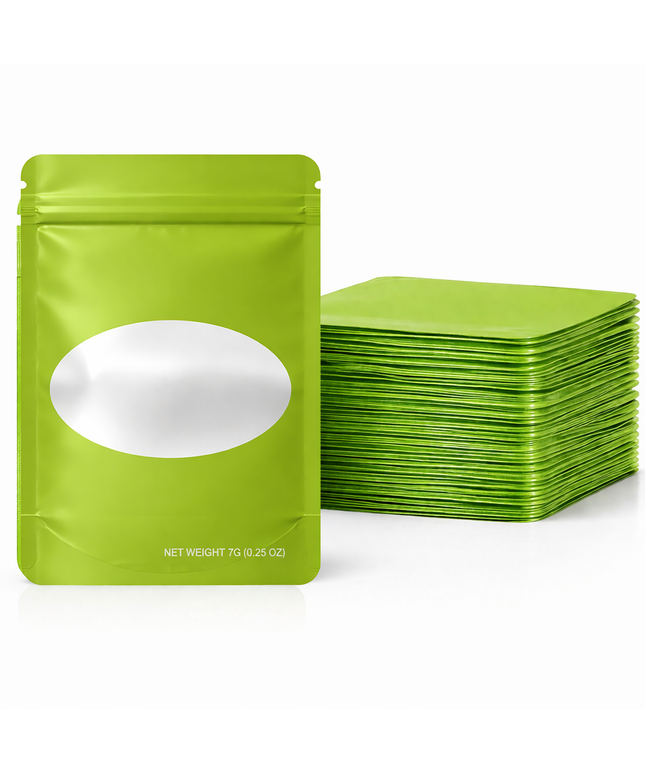 50 Pack – 7g Solid Color Mylar Bags with Oval Window - Green