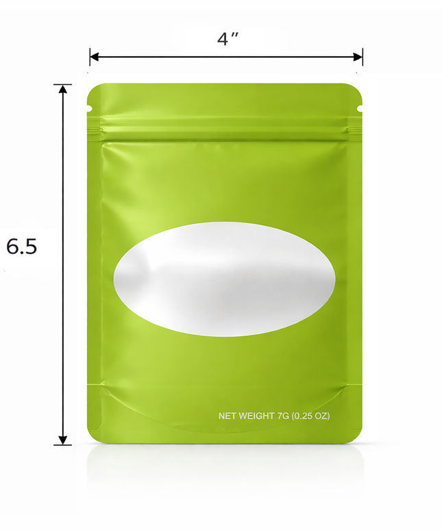 50 Pack – 7g Solid Color Mylar Bags with Oval Window - Green