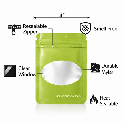 50 Pack – 7g Solid Color Mylar Bags with Oval Window - Green