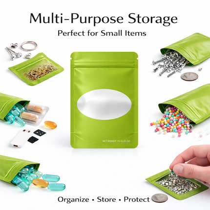 50 Pack – 7g Solid Color Mylar Bags with Oval Window - Green