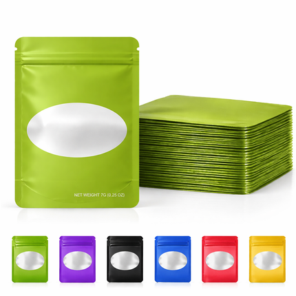 50 Pack – 7g Solid Color Mylar Bags with Oval Window - Green