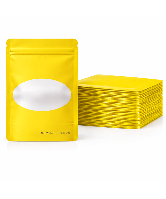 50 Pack – 7g Solid Color Mylar Bags with Oval Window - Yellow