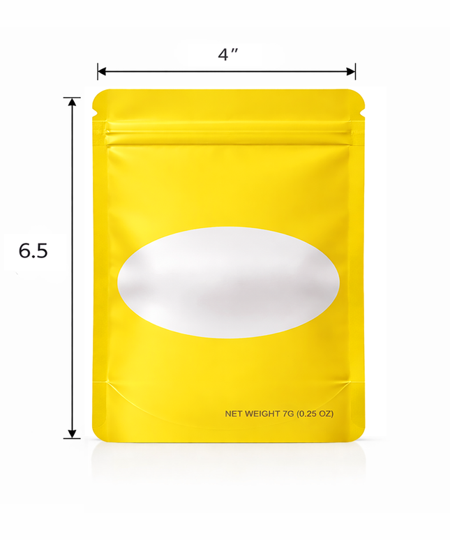 50 Pack – 7g Solid Color Mylar Bags with Oval Window - Yellow