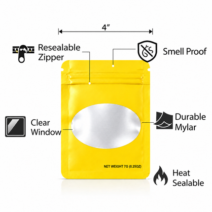 50 Pack – 7g Solid Color Mylar Bags with Oval Window - Yellow