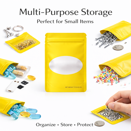 50 Pack – 7g Solid Color Mylar Bags with Oval Window - Yellow