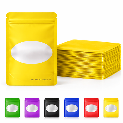 50 Pack – 7g Solid Color Mylar Bags with Oval Window - Yellow