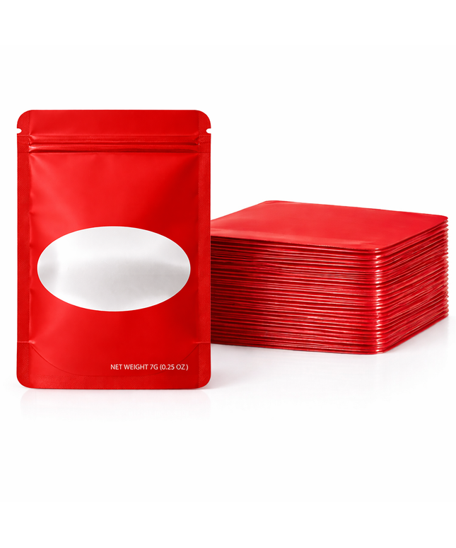 50 Pack – 7g Solid Color Mylar Bags with Oval Window - Red