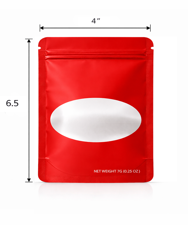 50 Pack – 7g Solid Color Mylar Bags with Oval Window - Red