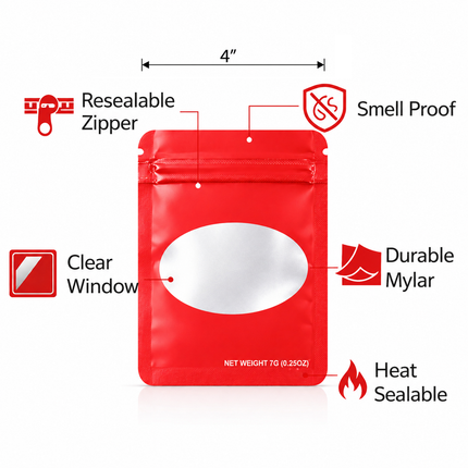 50 Pack – 7g Solid Color Mylar Bags with Oval Window - Red
