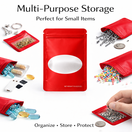 50 Pack – 7g Solid Color Mylar Bags with Oval Window - Red