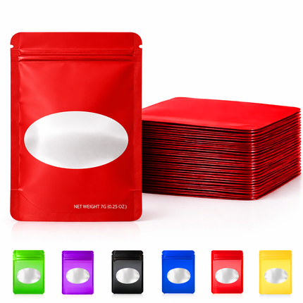 50 Pack – 7g Solid Color Mylar Bags with Oval Window - Red