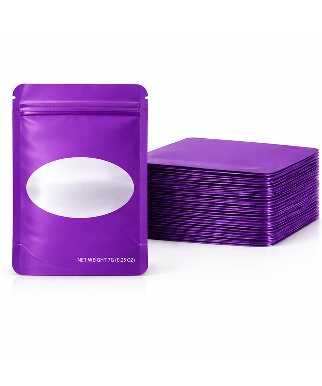 50 Pack – 7g Solid Color Mylar Bags with Oval Window - Purple