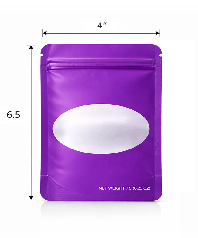 50 Pack – 7g Solid Color Mylar Bags with Oval Window - Purple