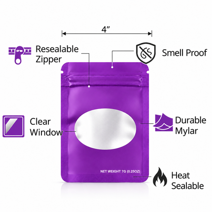 50 Pack – 7g Solid Color Mylar Bags with Oval Window - Purple