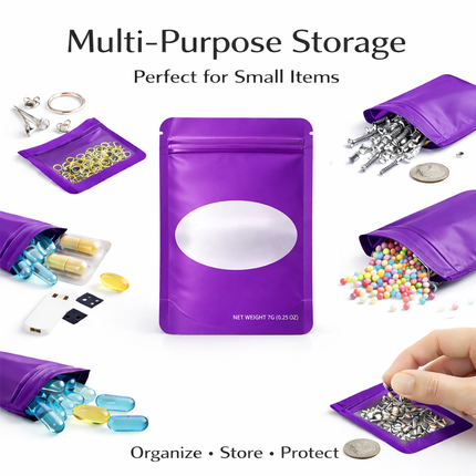 50 Pack – 7g Solid Color Mylar Bags with Oval Window - Purple