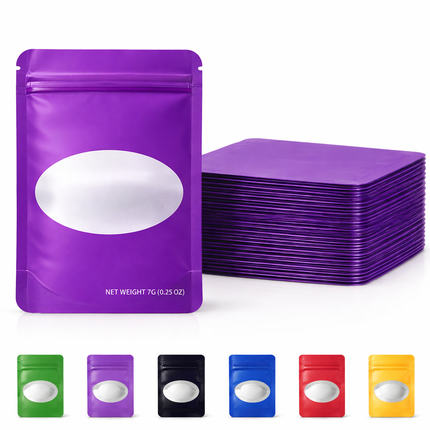 50 Pack – 7g Solid Color Mylar Bags with Oval Window - Purple