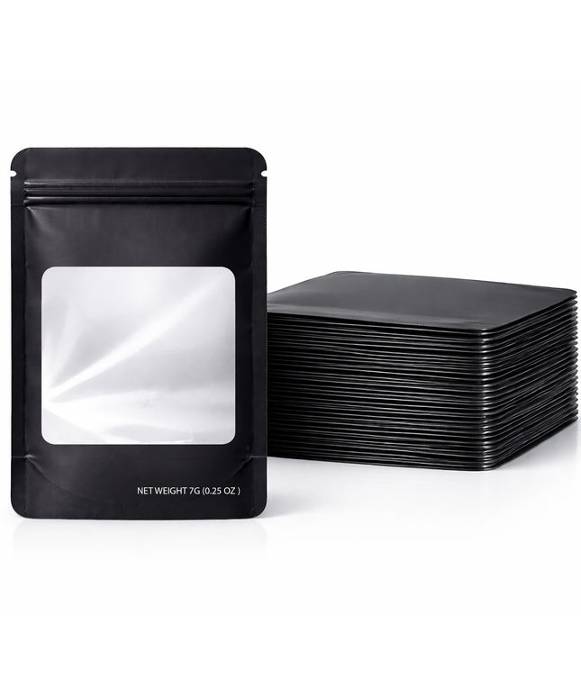 50 Pack – 7g Solid Color Mylar Bags with Square Window - Black