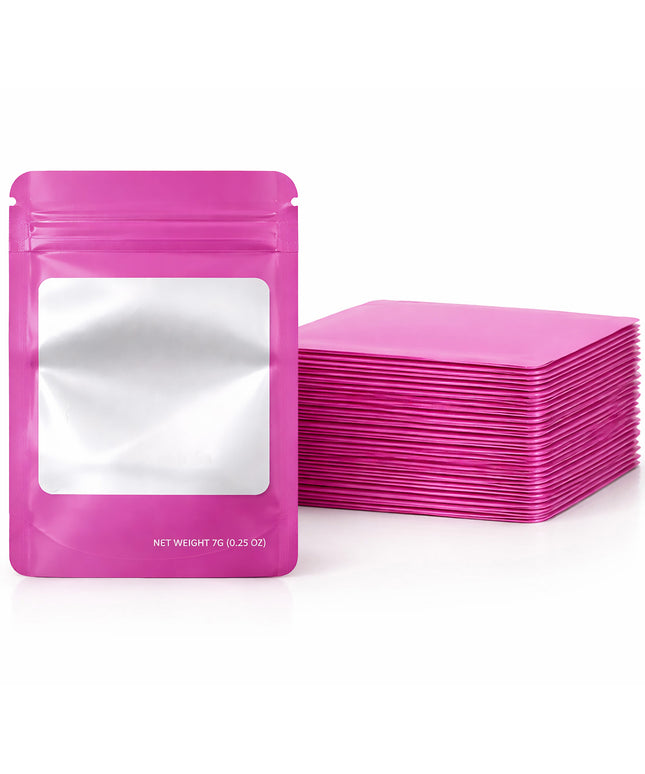 50 Pack – 7g Solid Color Mylar Bags with Square Window - Pink