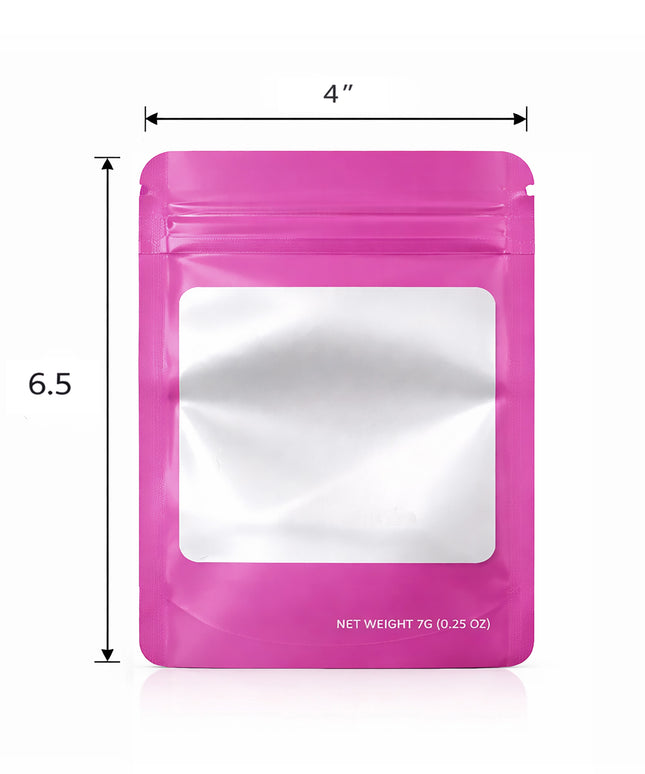 50 Pack – 7g Solid Color Mylar Bags with Square Window - Pink
