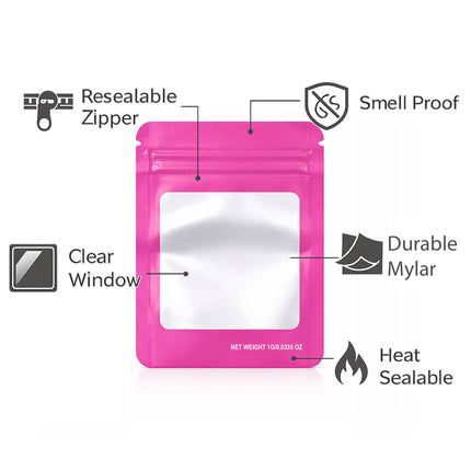 50 Pack – 7g Solid Color Mylar Bags with Square Window - Pink