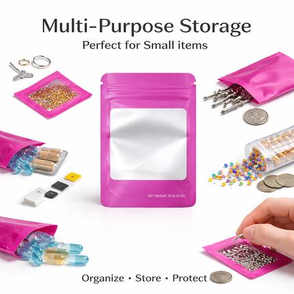50 Pack – 7g Solid Color Mylar Bags with Square Window - Pink