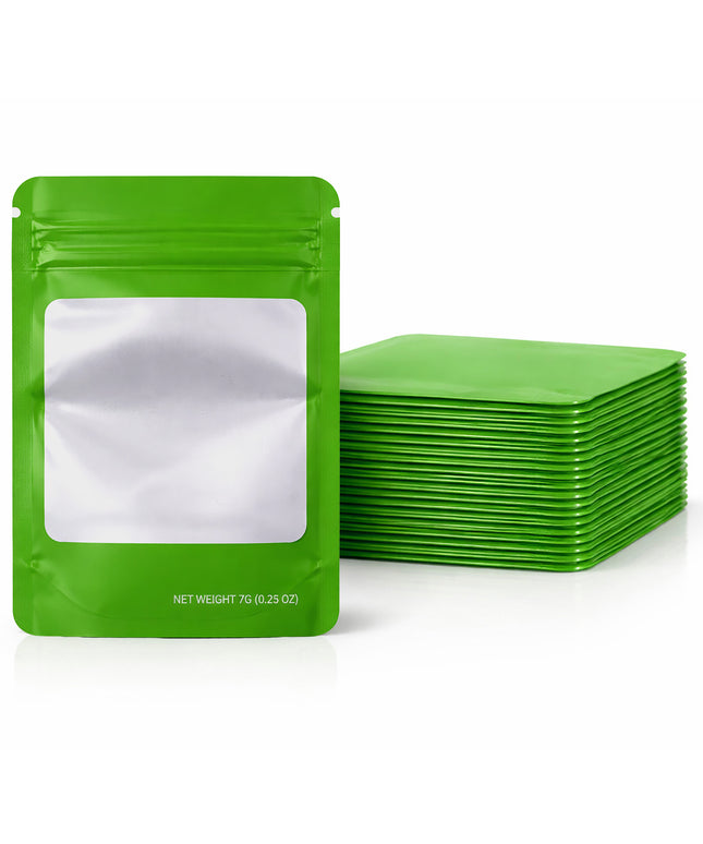 50 Pack – 7g Solid Color Mylar Bags with Square Window - Green