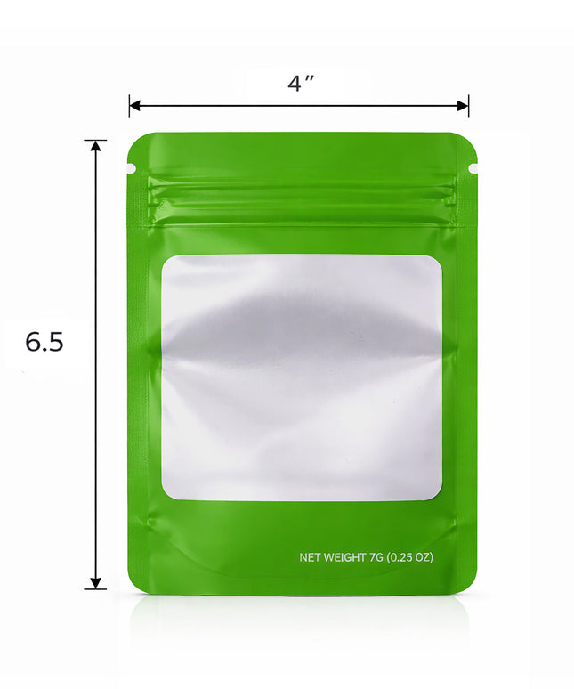 50 Pack – 7g Solid Color Mylar Bags with Square Window - Green
