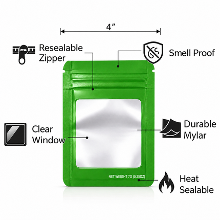 50 Pack – 7g Solid Color Mylar Bags with Square Window - Green