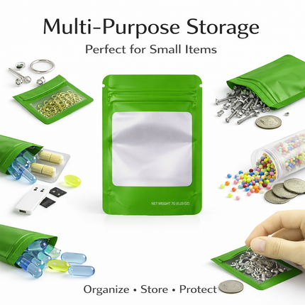 50 Pack – 7g Solid Color Mylar Bags with Square Window - Green