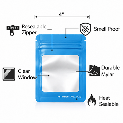 50 Pack – 7g Solid Color Mylar Bags with Square Window - Light Blue