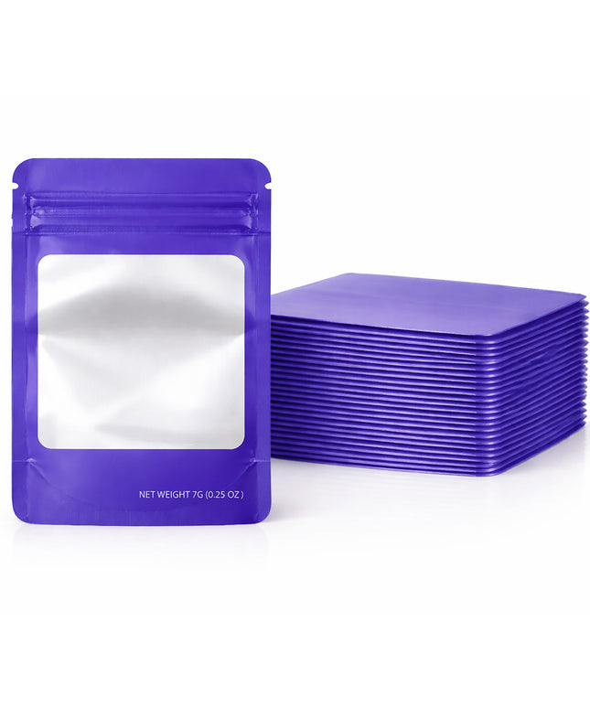 50 Pack – 7g Solid Color Mylar Bags with Square Window - Purple