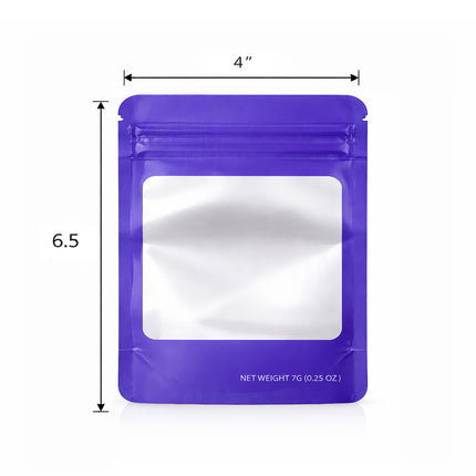 50 Pack – 7g Solid Color Mylar Bags with Square Window - Purple