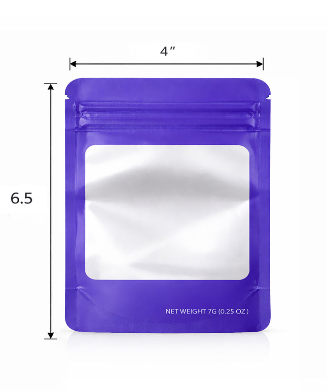50 Pack – 7g Solid Color Mylar Bags with Square Window - Purple