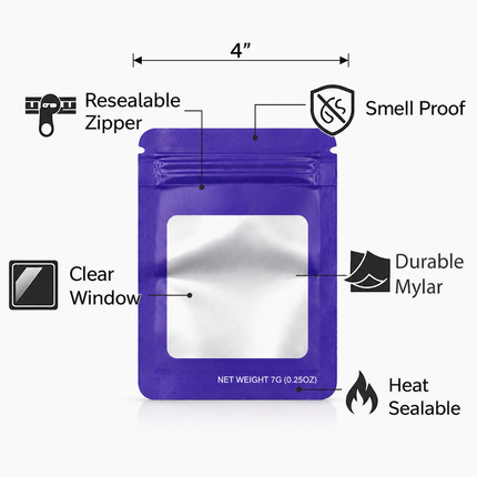 50 Pack – 7g Solid Color Mylar Bags with Square Window - Purple