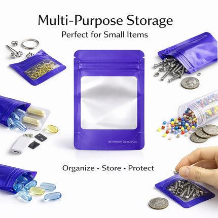 50 Pack – 7g Solid Color Mylar Bags with Square Window - Purple