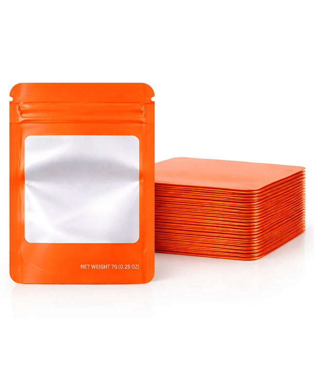 50 Pack – 7g Solid Color Mylar Bags with Square Window - Orange