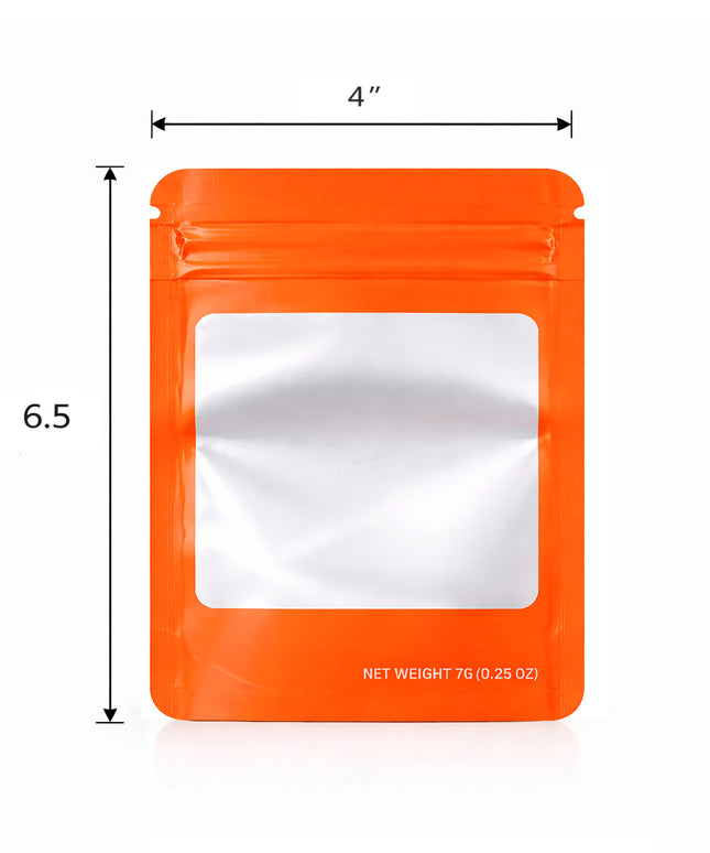 50 Pack – 7g Solid Color Mylar Bags with Square Window - Orange