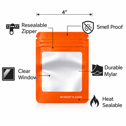 50 Pack – 7g Solid Color Mylar Bags with Square Window - Orange