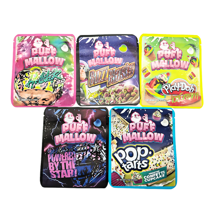 25 Pack 3.5g Thick Sticker Mylar Bags - plush Mallow Collection Vol. 1