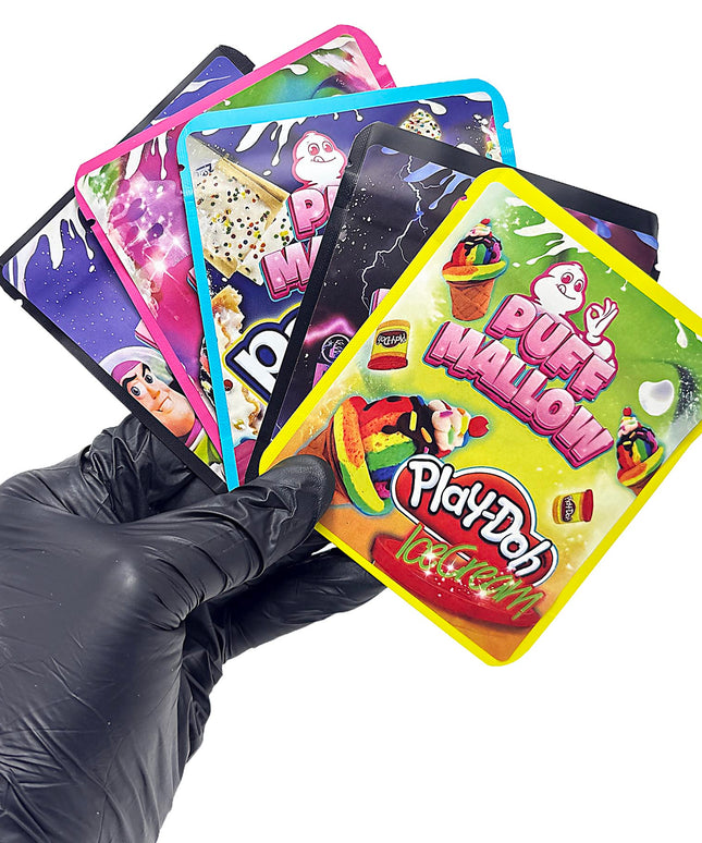 25 Pack 3.5g Thick Sticker Mylar Bags - plush Mallow Collection Vol. 1