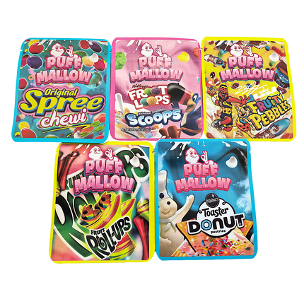 25 Pack 3.5g Thick Sticker Mylar Bags - plush Mallow Collection Vol. 2