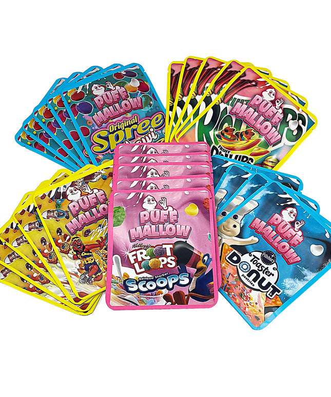 25 Pack 3.5g Thick Sticker Mylar Bags - plush Mallow Collection Vol. 2