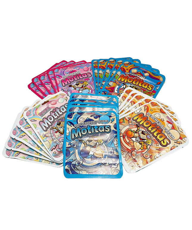 25 Pack 3.5g Thick Sticker Mylar Bags Premium Smell Proof Packaging Mix  | Motitas Collection