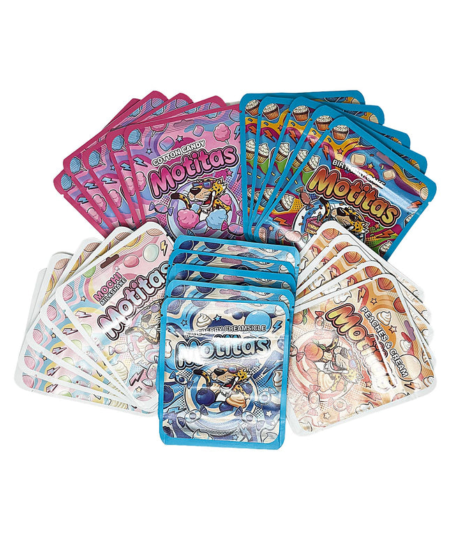 25 Pack 3.5g Thick Sticker Mylar Bags Premium Smell Proof Packaging Mix  | Motitas Collection